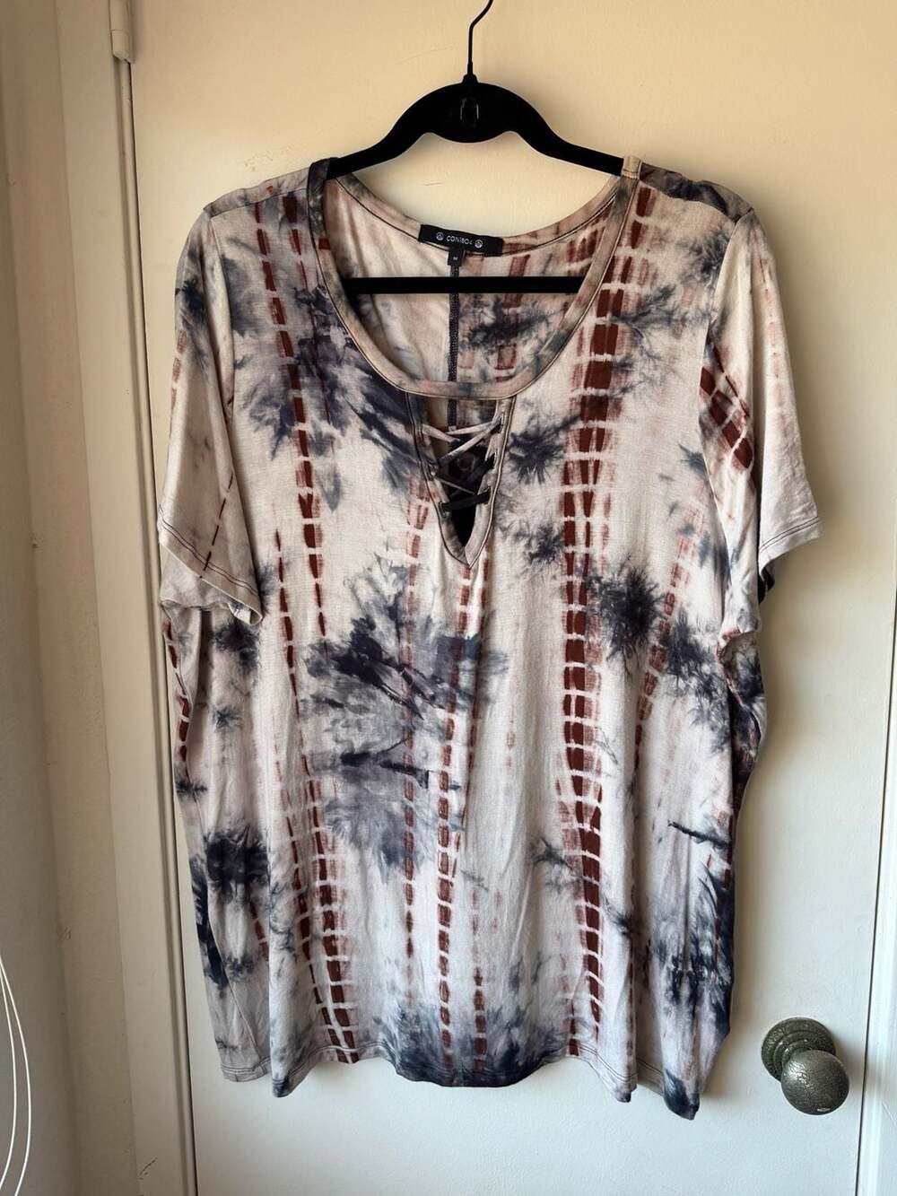 Coin1804 Women's 1X Hand Tie Dye Lace Up Short Sleeve Tee